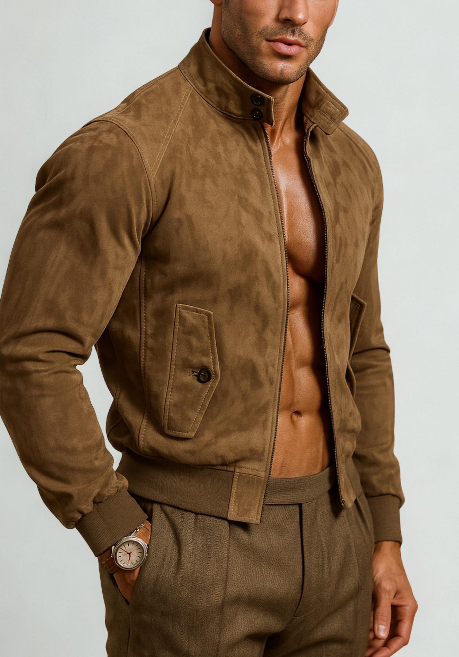 Men's Suede Bomber Jacket-Camel Brown, Dual Zipper-Valor