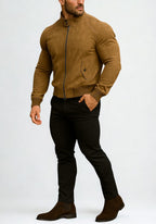Men's Suede Bomber Jacket-Camel Brown, Dual Zipper-Valor