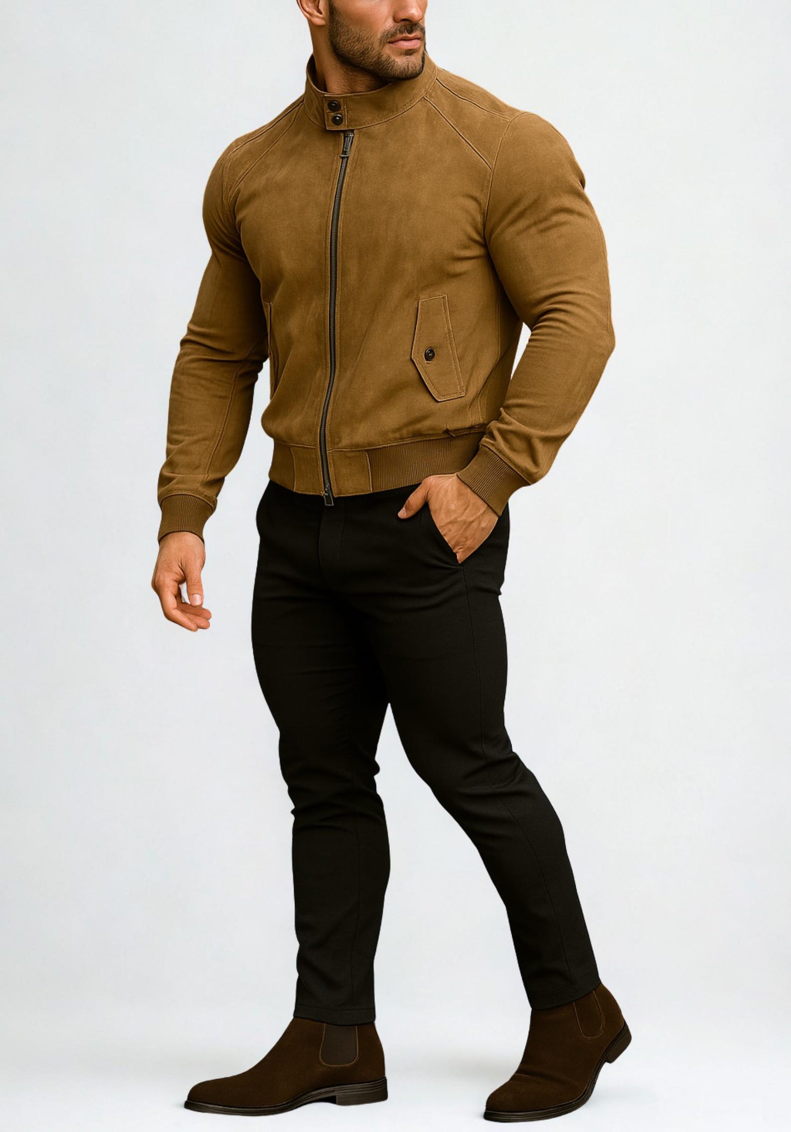 Men's Suede Bomber Jacket-Camel Brown, Dual Zipper-Valor