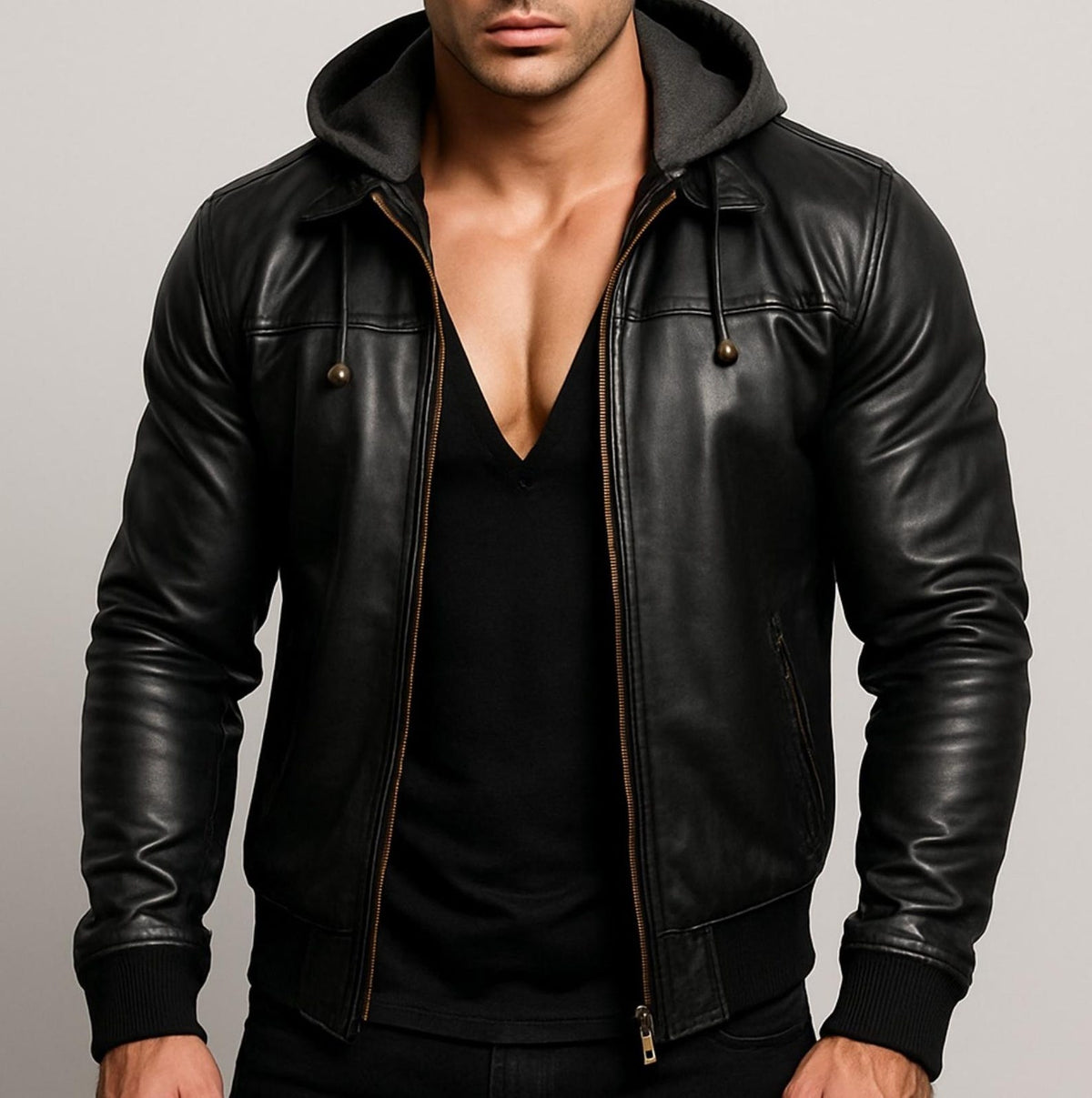 Genuine Leather Hoodie Jacket – ShadowForge by Daaran – front view