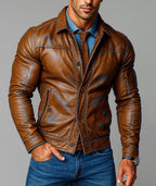 Men's Sheep Leather Biker Jacket: Slim Fit Cognac Brown - Daaran