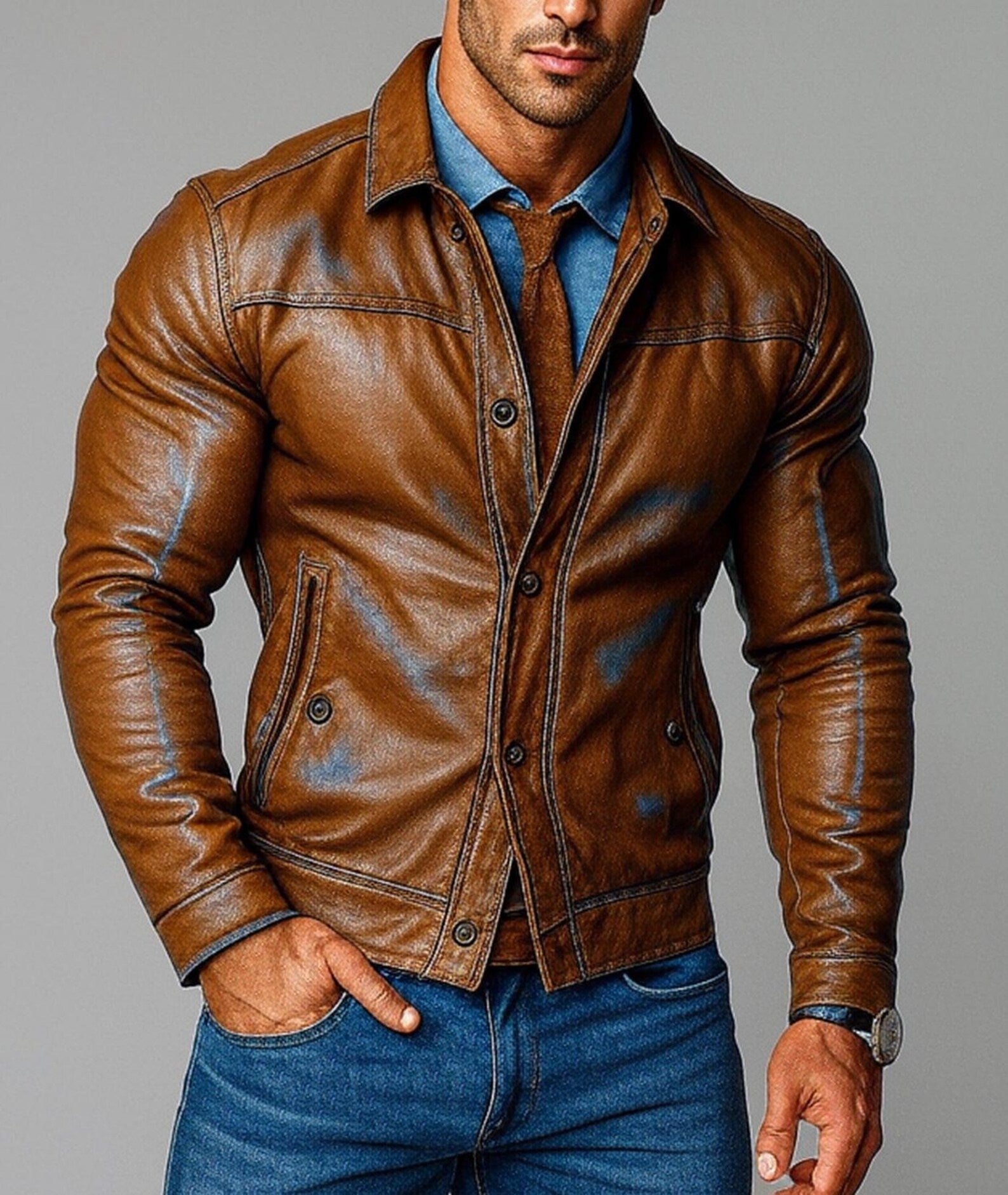 Men's Sheep Leather Biker Jacket: Slim Fit Cognac Brown - Daaran