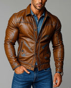 Men's Sheep Leather Biker Jacket: Slim Fit Cognac Brown - Daaran