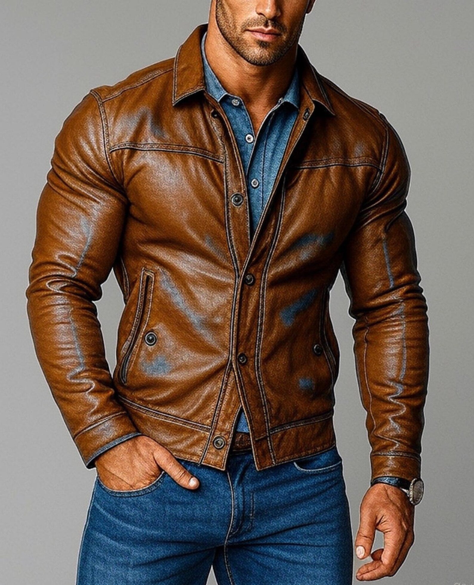 Men's Sheep Leather Biker Jacket: Slim Fit Cognac Brown - Daaran