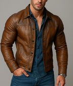 Men's Sheep Leather Biker Jacket: Slim Fit Cognac Brown - Daaran