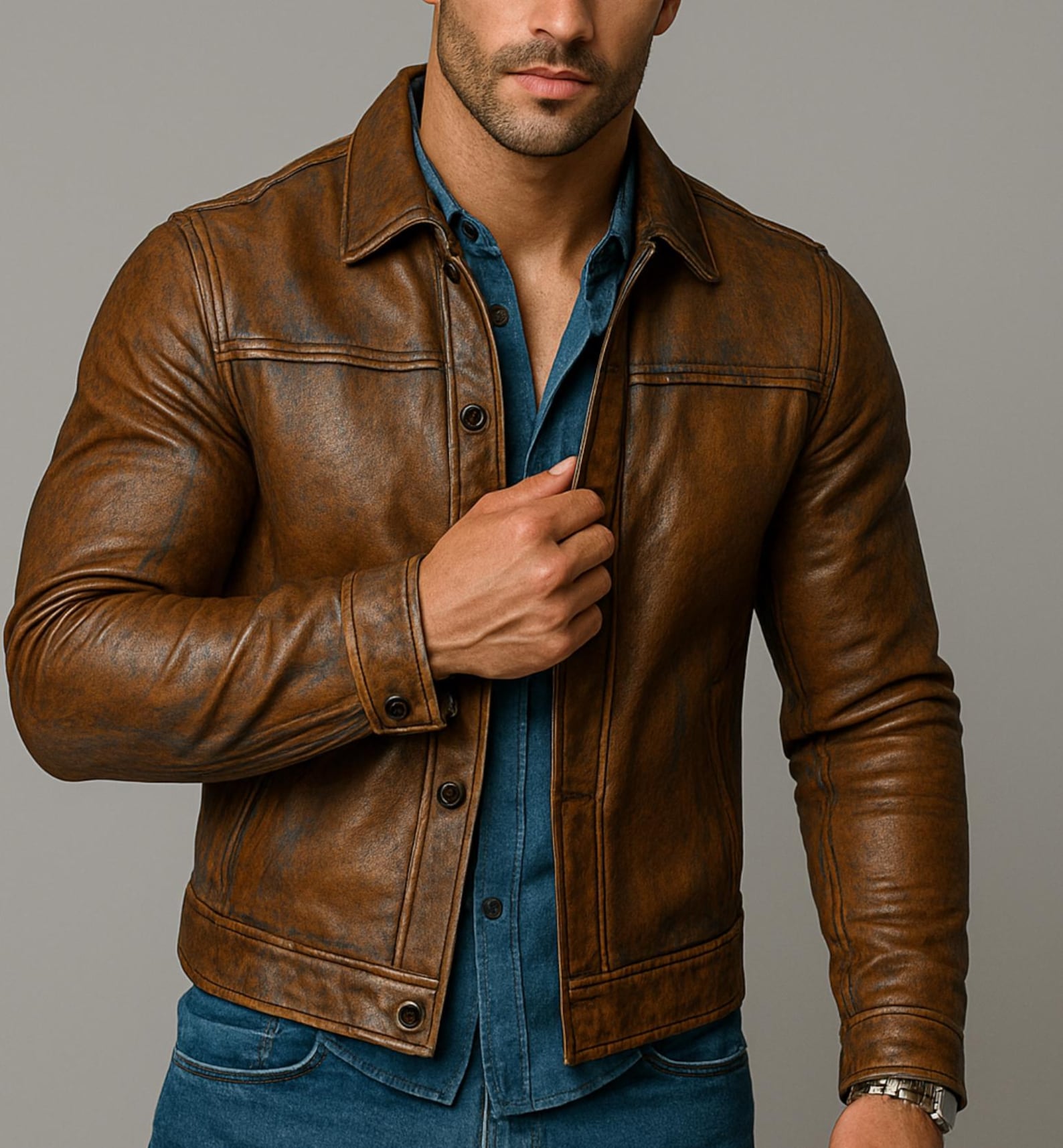 Men's Sheep Leather Biker Jacket: Slim Fit Cognac Brown - Daaran