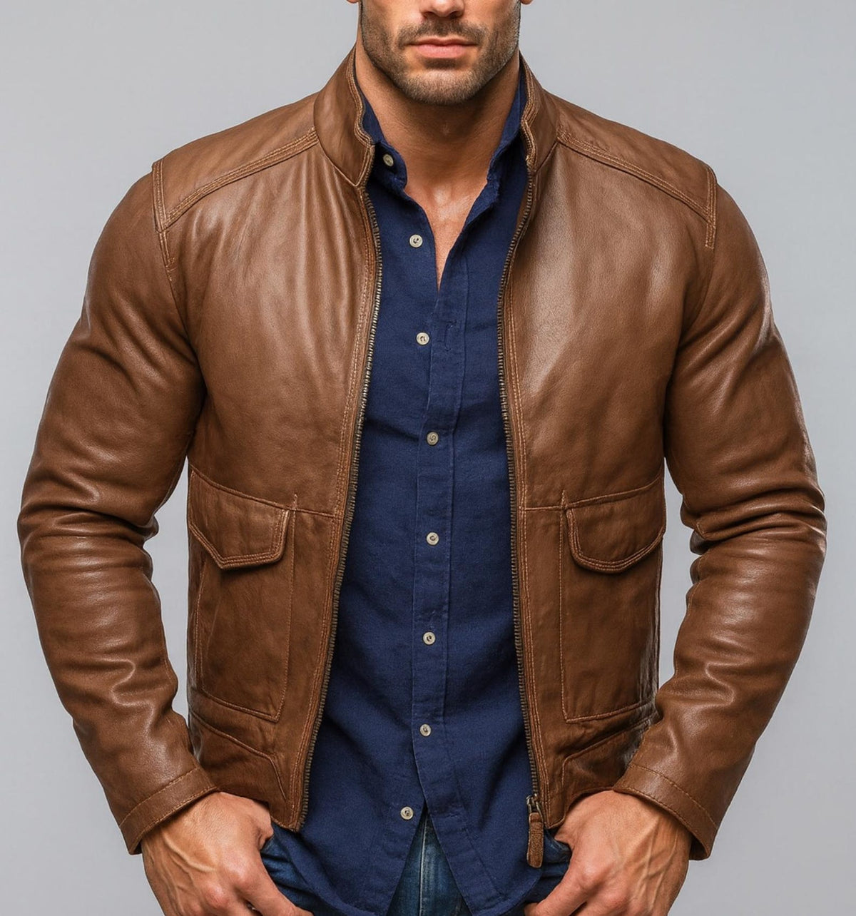 Caramel Brown Sheep Leather Bomber Jacket | Daaran – front view