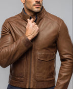 Caramel Brown Sheep Leather Bomber Jacket | Daaran – side profile view
