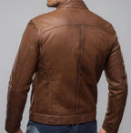 Caramel Brown Sheep Leather Bomber Jacket | Daaran – close-up of leather texture and stitching
