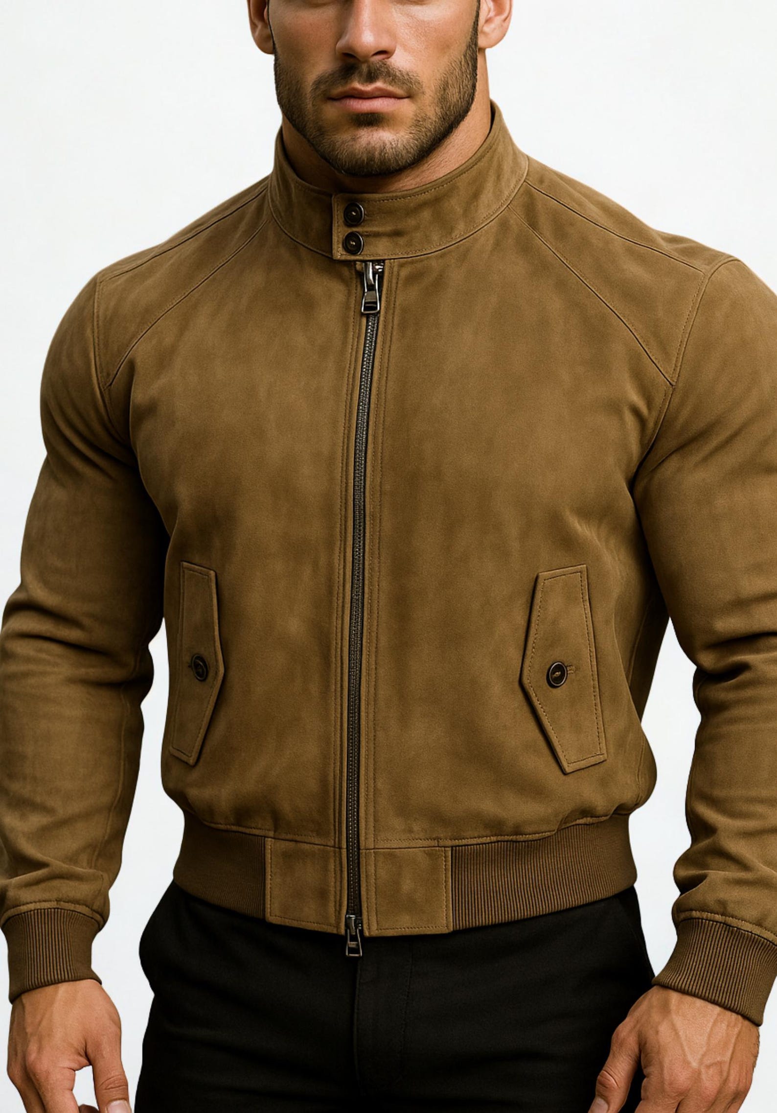 Men's Suede Bomber Jacket-Camel Brown, Dual Zipper-Valor