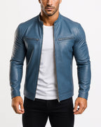 Cobalt Blue Sheep Leather Biker Jacket: Slim Fit Moto Style | Daaran – side profile view