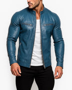 Cobalt Blue Sheep Leather Biker Jacket: Slim Fit Moto Style | Daaran – front view