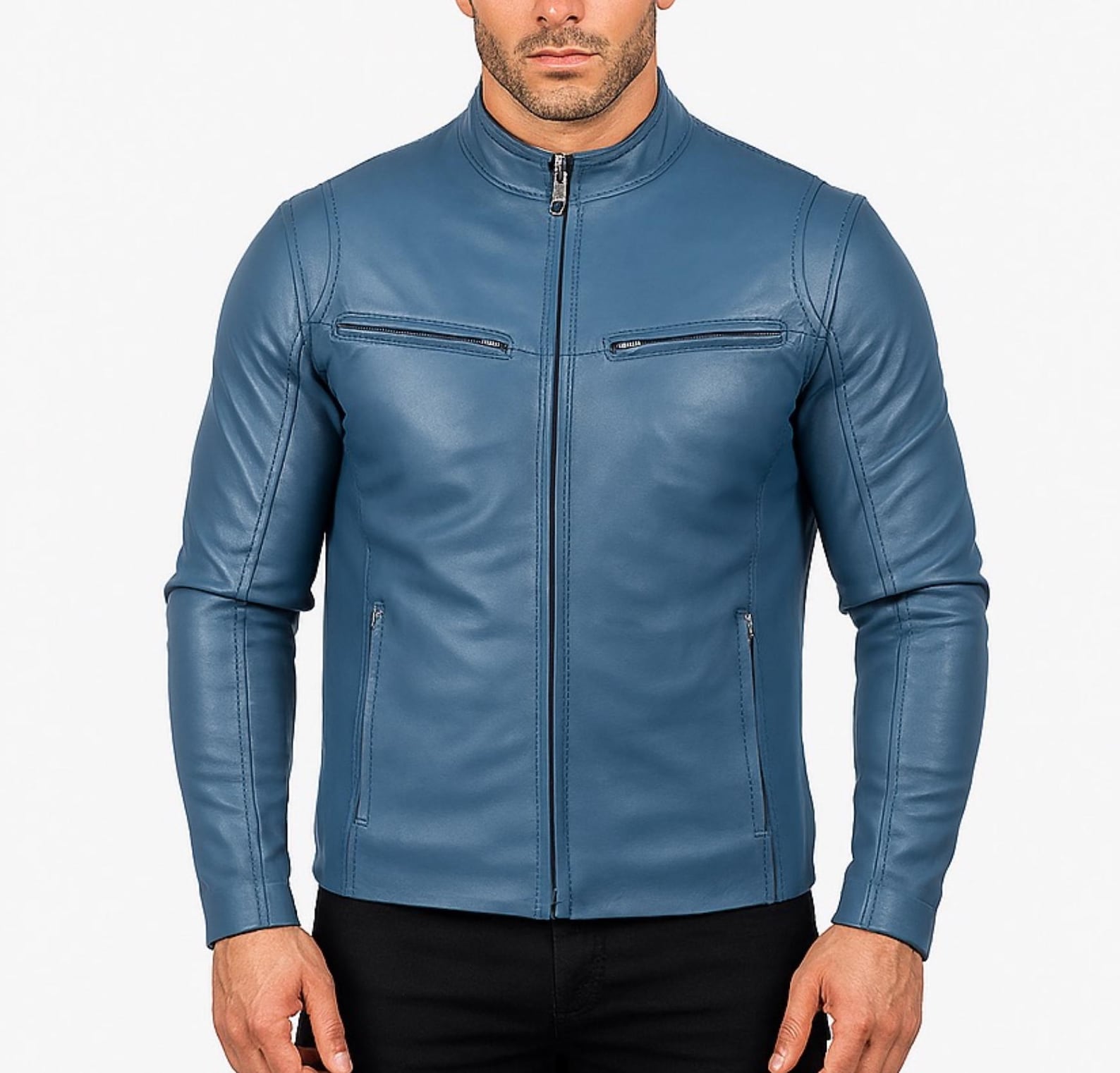 Cobalt Blue Sheep Leather Biker Jacket: Slim Fit Moto Style | Daaran – back view