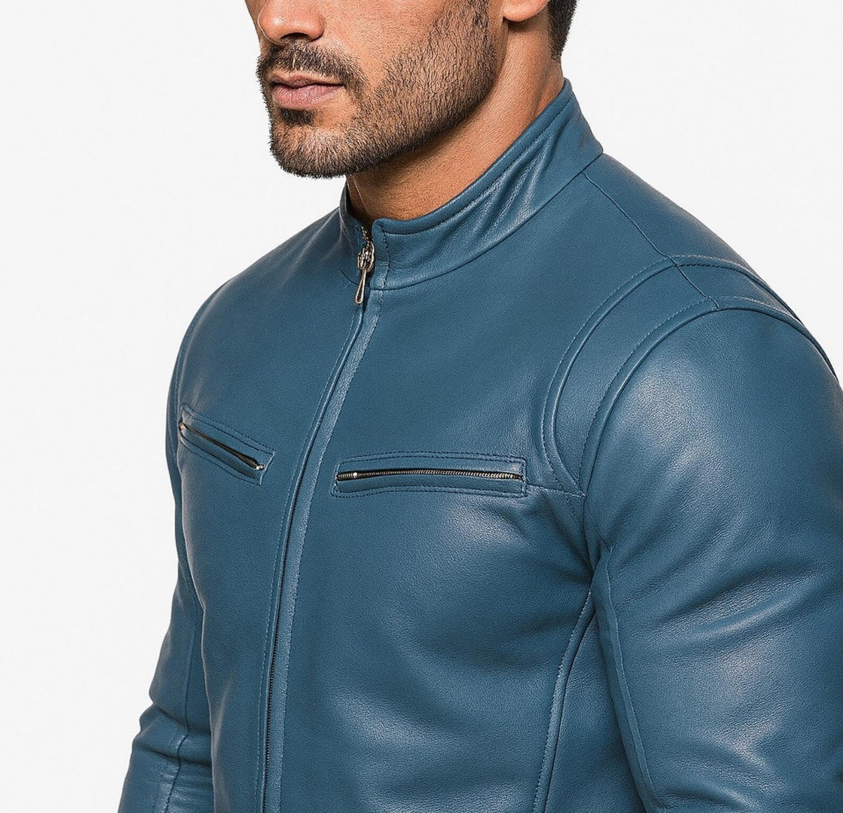 Cobalt Blue Sheep Leather Biker Jacket: Slim Fit Moto Style | Daaran – close-up of leather texture and stitching
