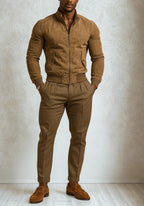 Men's Suede Bomber Jacket-Camel Brown, Dual Zipper-Valor