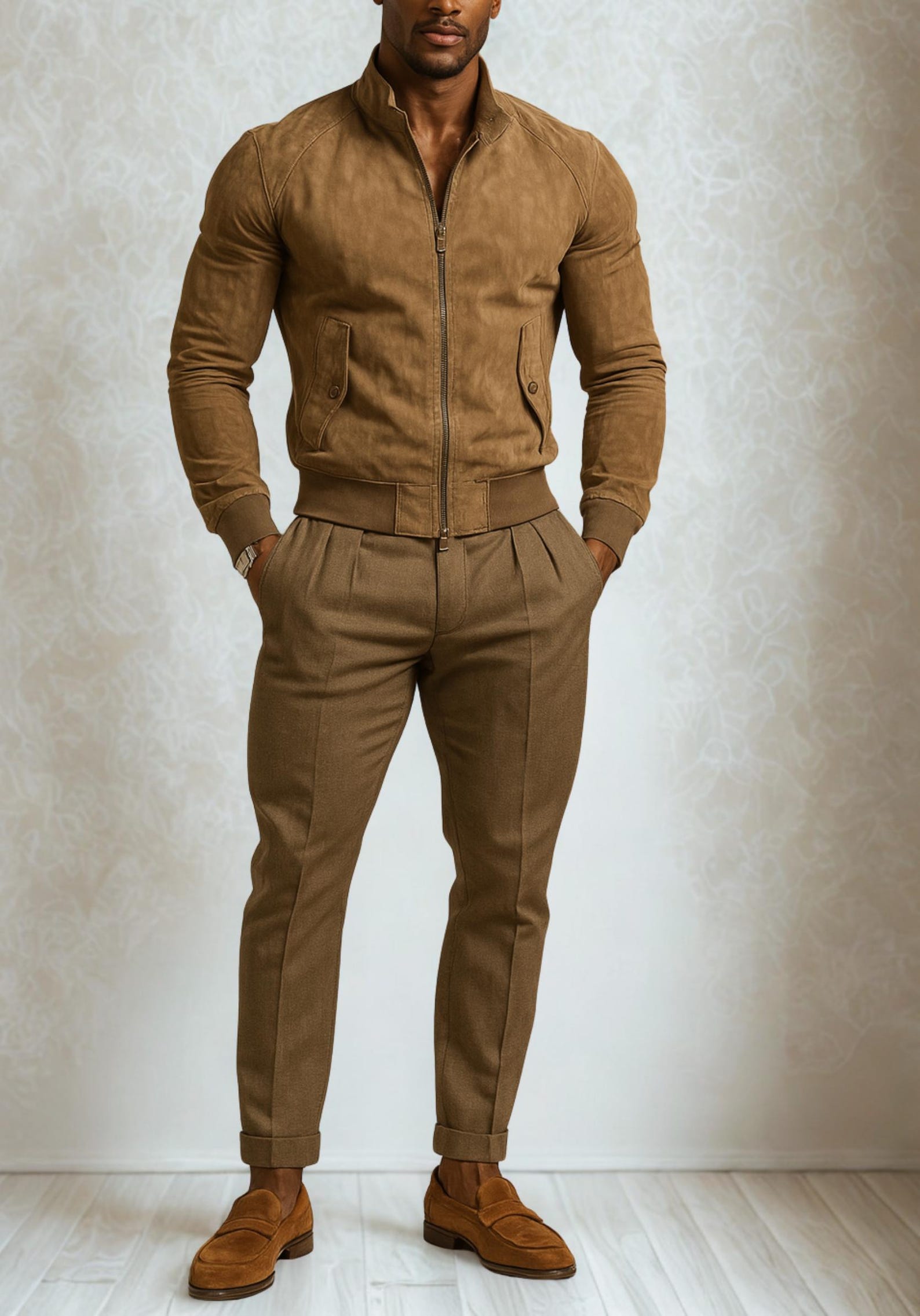 Men's Suede Bomber Jacket-Camel Brown, Dual Zipper-Valor