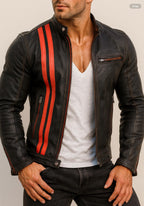 Black Sheep Leather Cafe Racer Jacket – Red Stripes | Daaran – front view