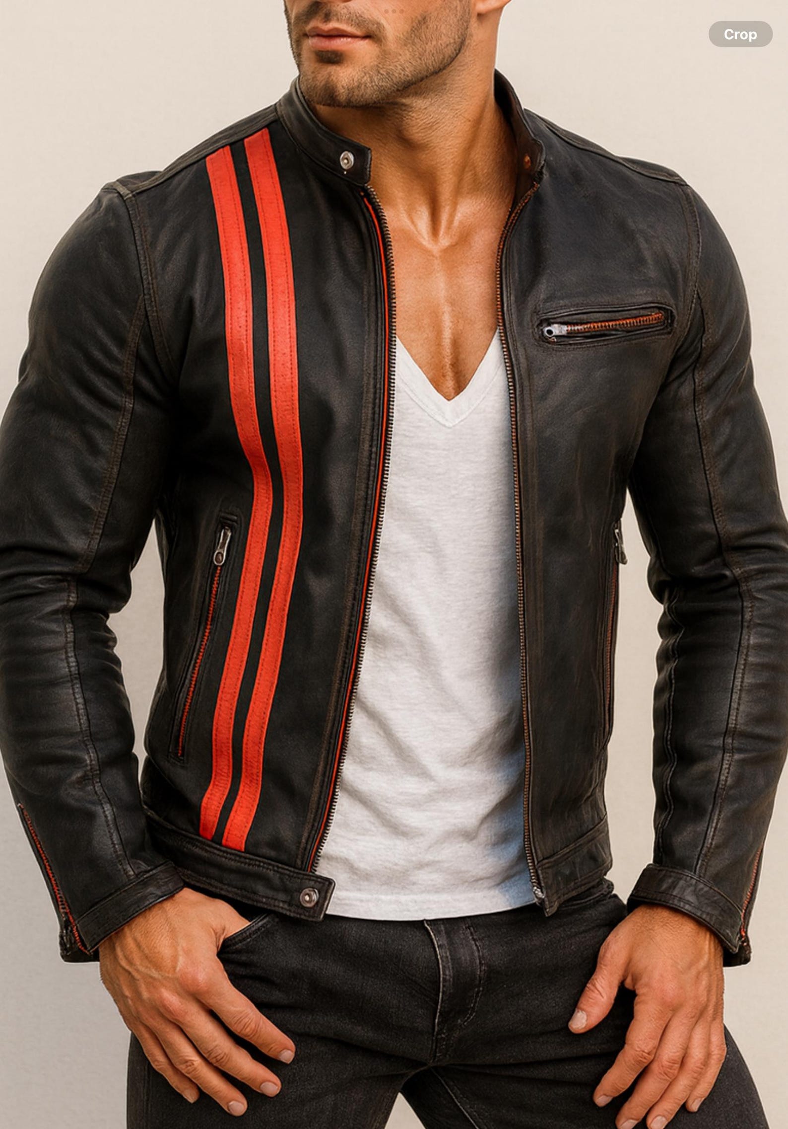 Black Sheep Leather Cafe Racer Jacket – Red Stripes | Daaran – front view