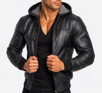 Genuine Leather Hoodie Jacket – ShadowForge by Daaran – close-up of leather texture and stitching