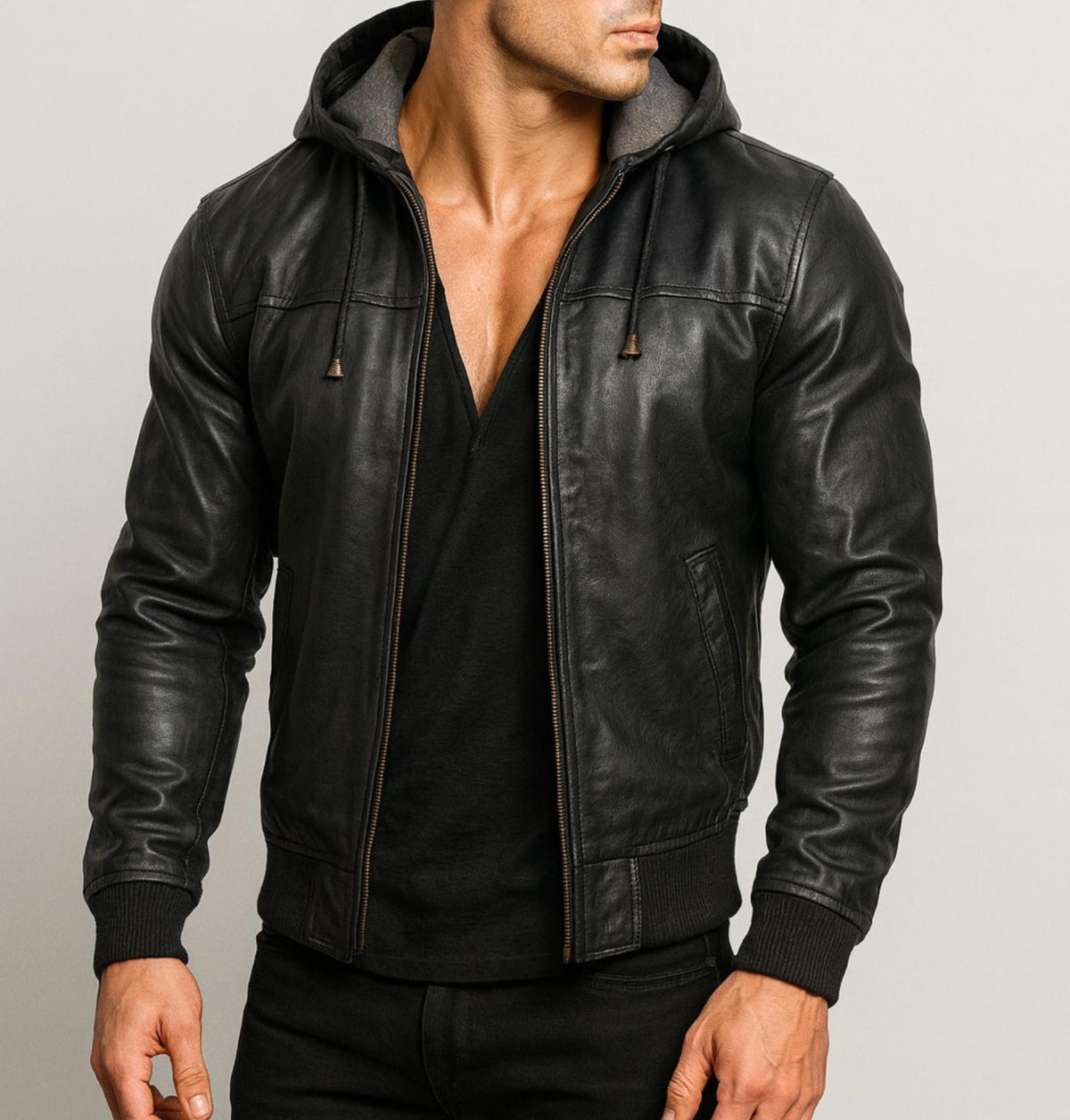 Genuine Leather Hoodie Jacket – ShadowForge by Daaran – collar and zipper detail