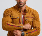 Mustard Suede Vintage Biker Jacket with Red Zippers | Daaran – side profile view