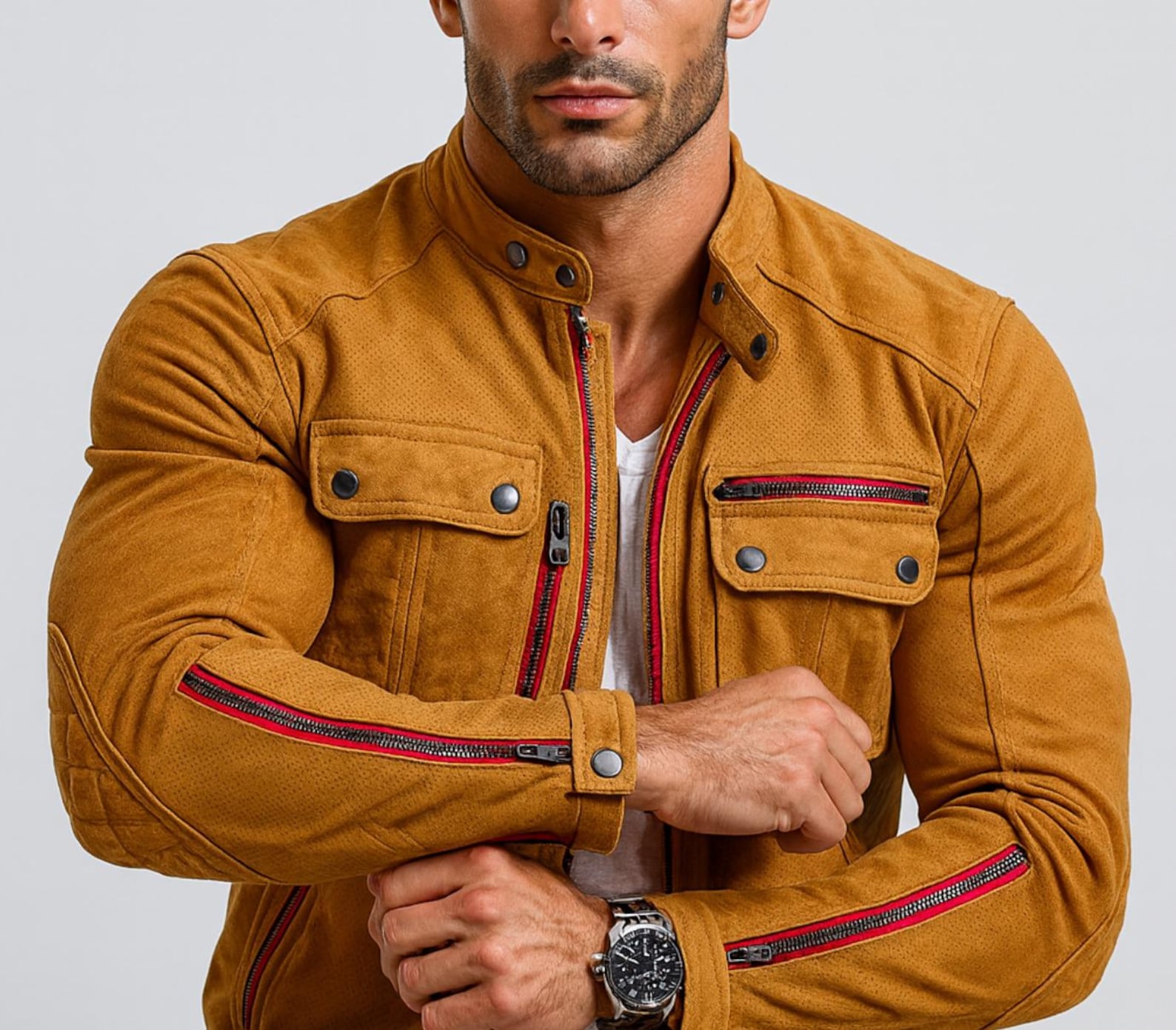 Mustard Suede Vintage Biker Jacket with Red Zippers | Daaran – side profile view