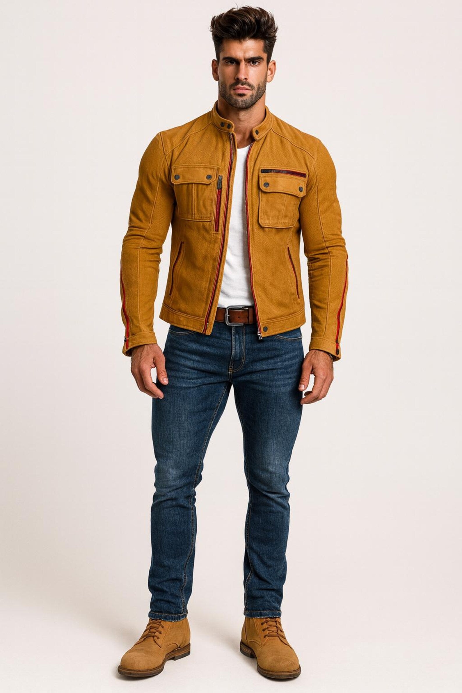 Mustard Suede Vintage Biker Jacket with Red Zippers | Daaran – collar and zipper detail