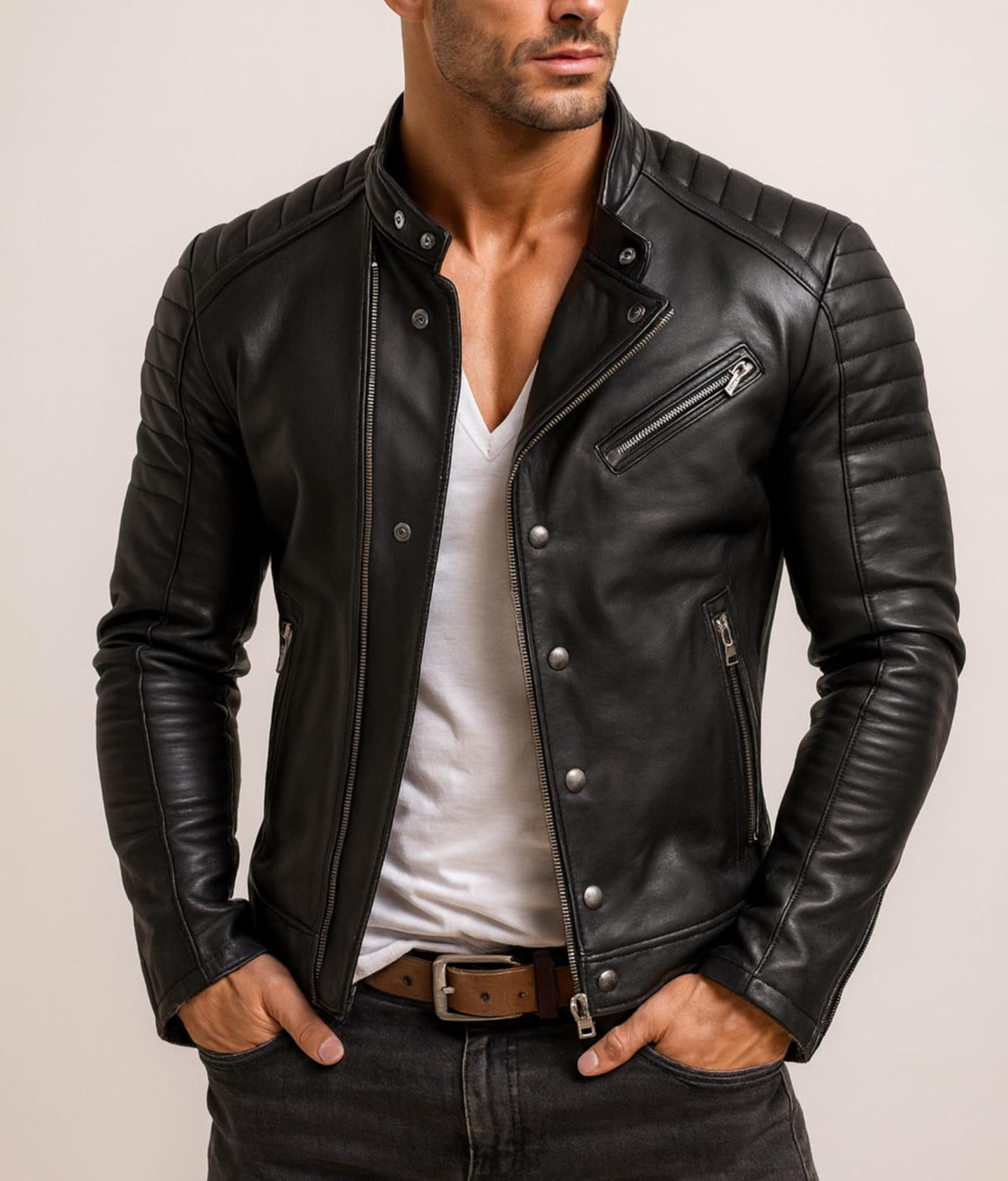 Daaran Obsidian Black Sheep Leather Moto Biker Jacket – front view