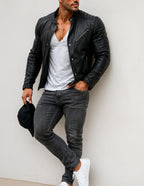 Daaran Obsidian Black Sheep Leather Moto Biker Jacket – close-up of leather texture and stitching