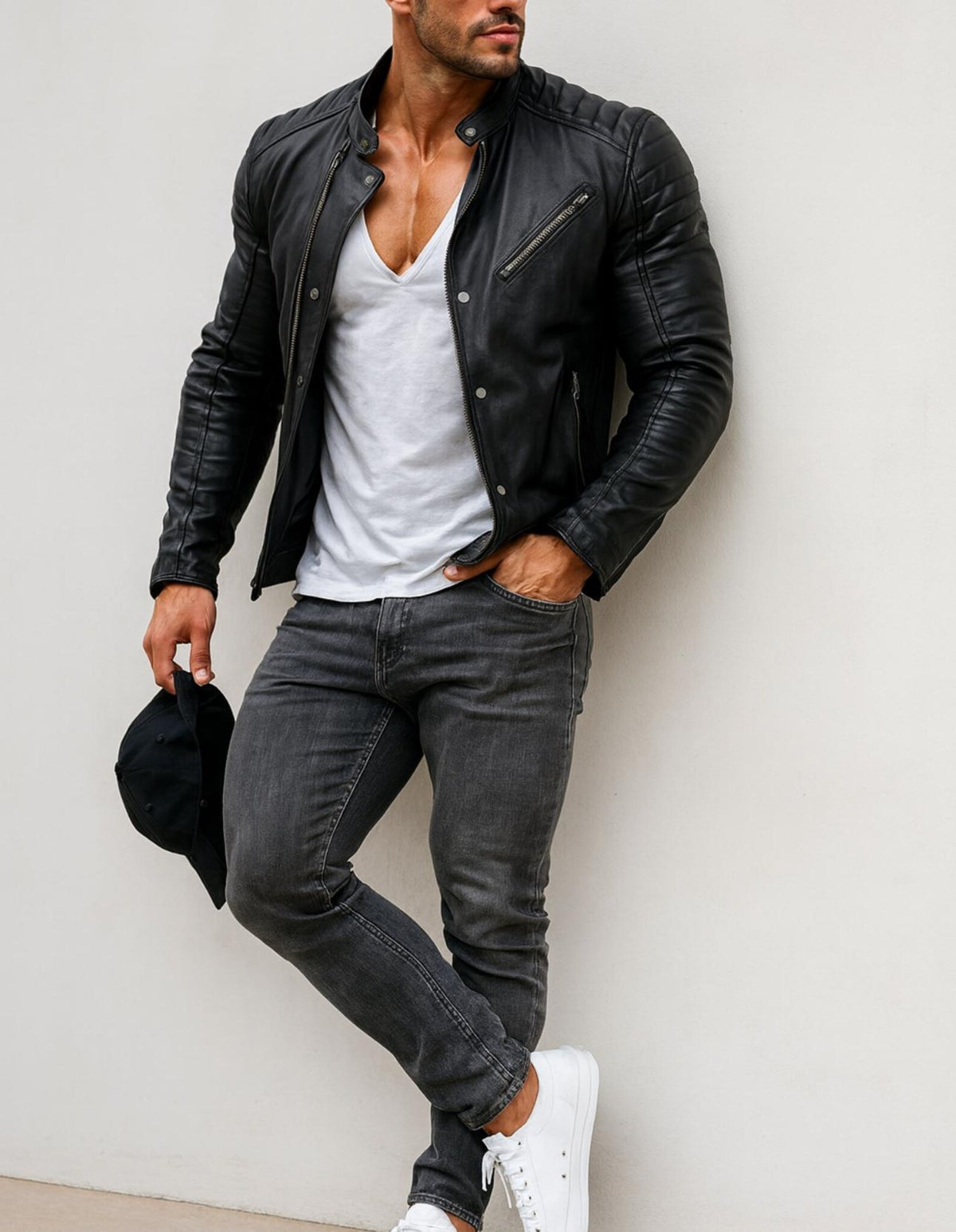 Daaran Obsidian Black Sheep Leather Moto Biker Jacket – close-up of leather texture and stitching