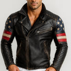 Men's Black Sheep Leather Biker Jacket: USA Flag Sleeves, Quilted Detail