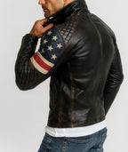 Men's Black Sheep Leather Biker Jacket: USA Flag Sleeves, Quilted Detail