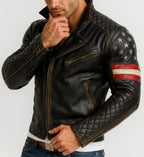 Men's Black Sheep Leather Biker Jacket: USA Flag Sleeves, Quilted Detail