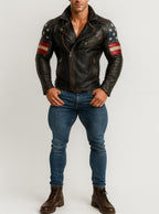 Men's Black Sheep Leather Biker Jacket: USA Flag Sleeves, Quilted Detail
