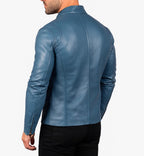 Cobalt Blue Sheep Leather Biker Jacket: Slim Fit Moto Style | Daaran – collar and zipper detail
