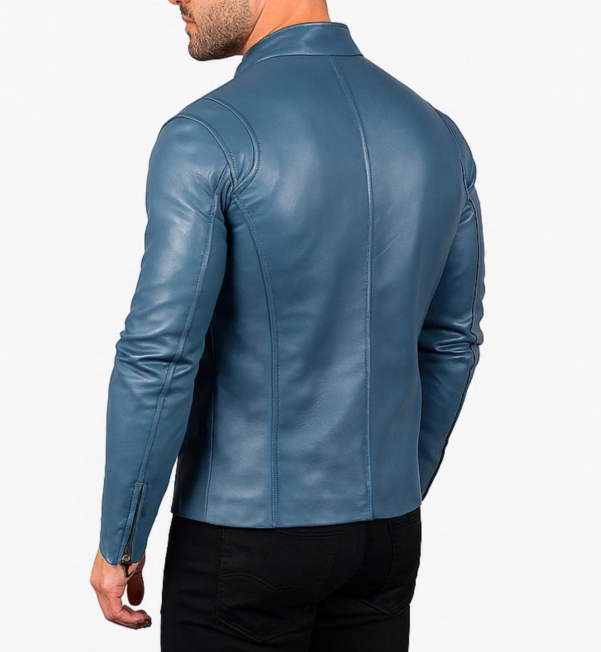 Cobalt Blue Sheep Leather Biker Jacket: Slim Fit Moto Style | Daaran – collar and zipper detail