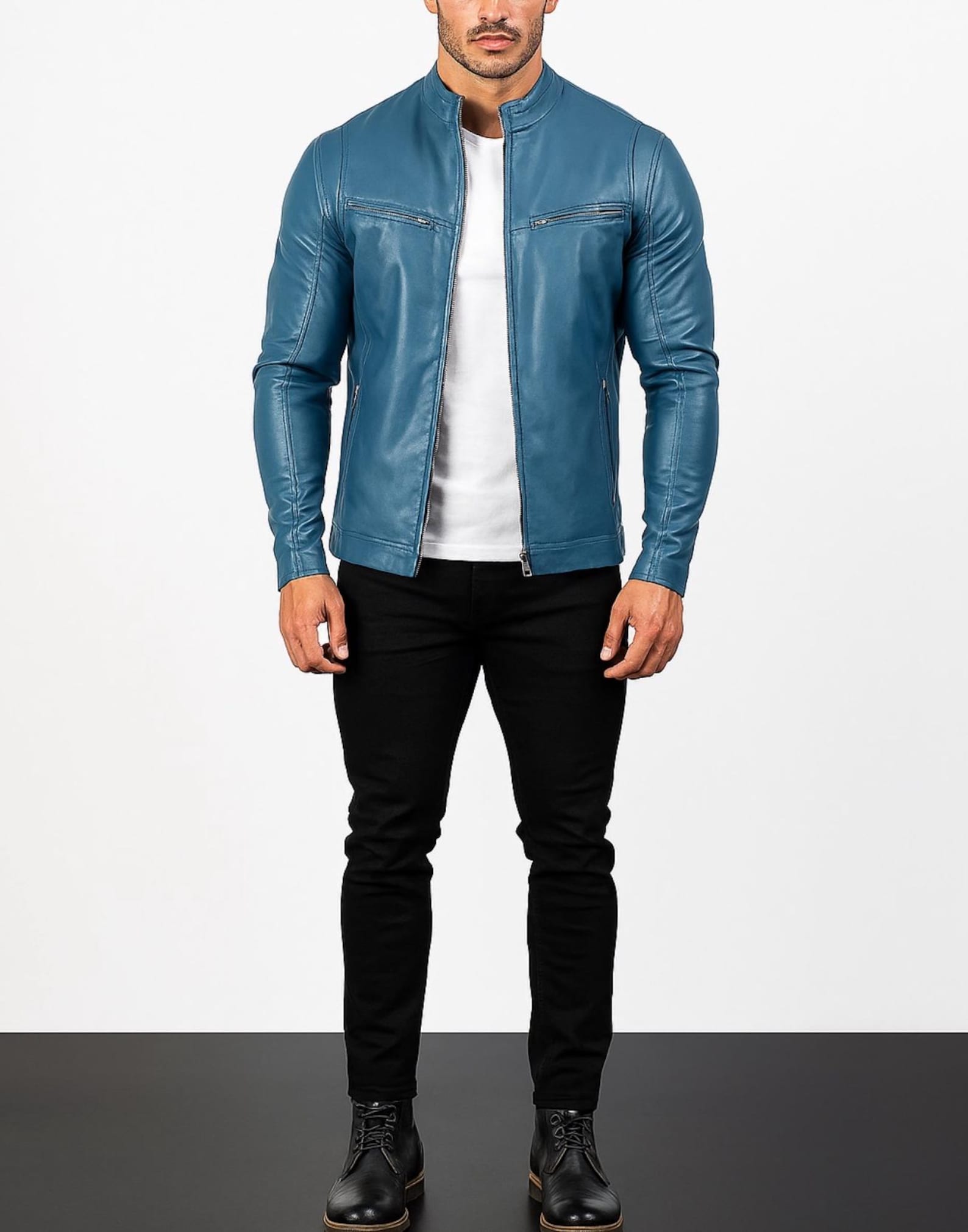 Cobalt Blue Sheep Leather Biker Jacket: Slim Fit Moto Style | Daaran – interior lining view