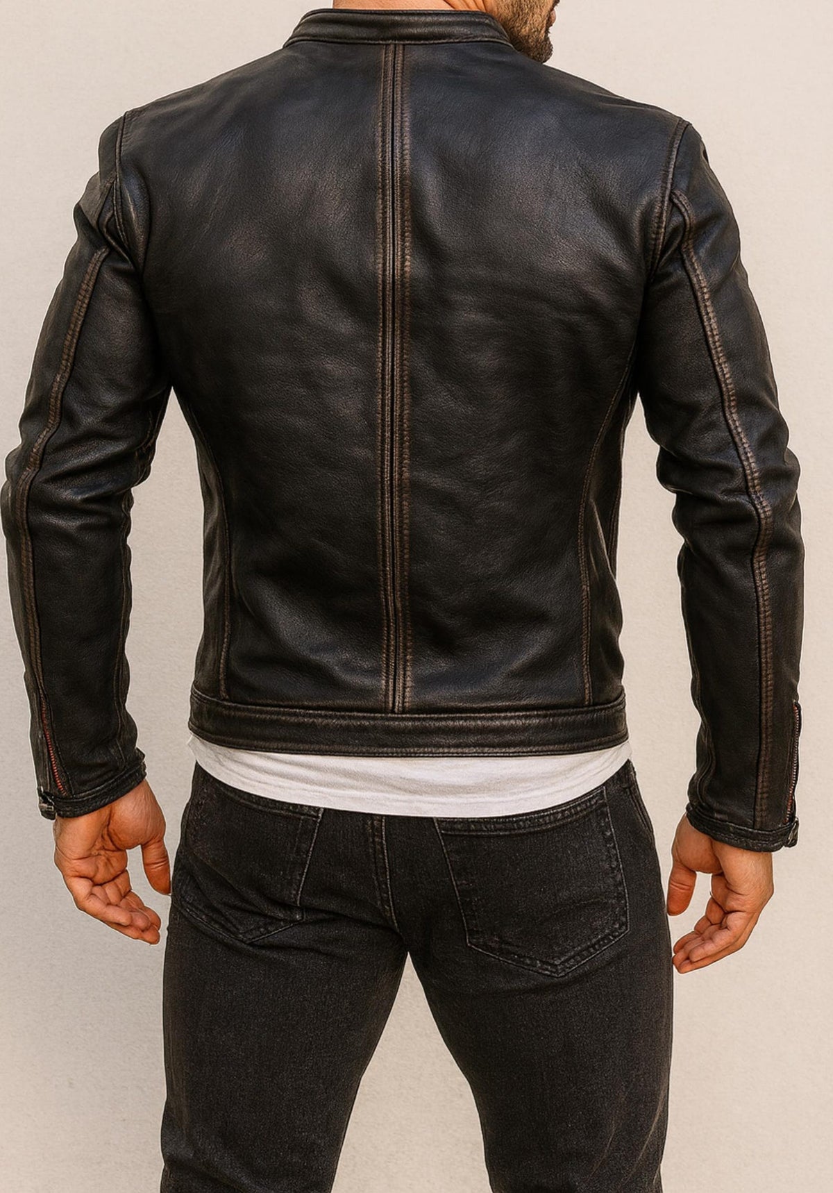 Black Sheep Leather Cafe Racer Jacket – Red Stripes | Daaran – side profile view