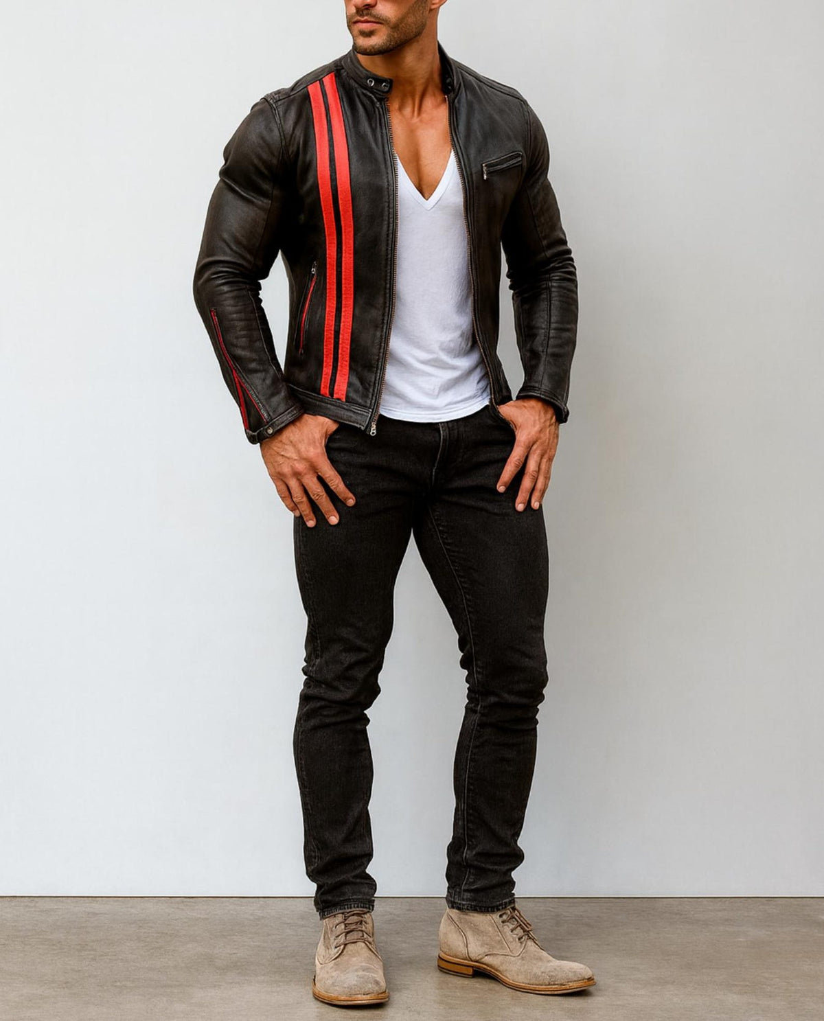 Black Sheep Leather Cafe Racer Jacket – Red Stripes | Daaran – interior lining view