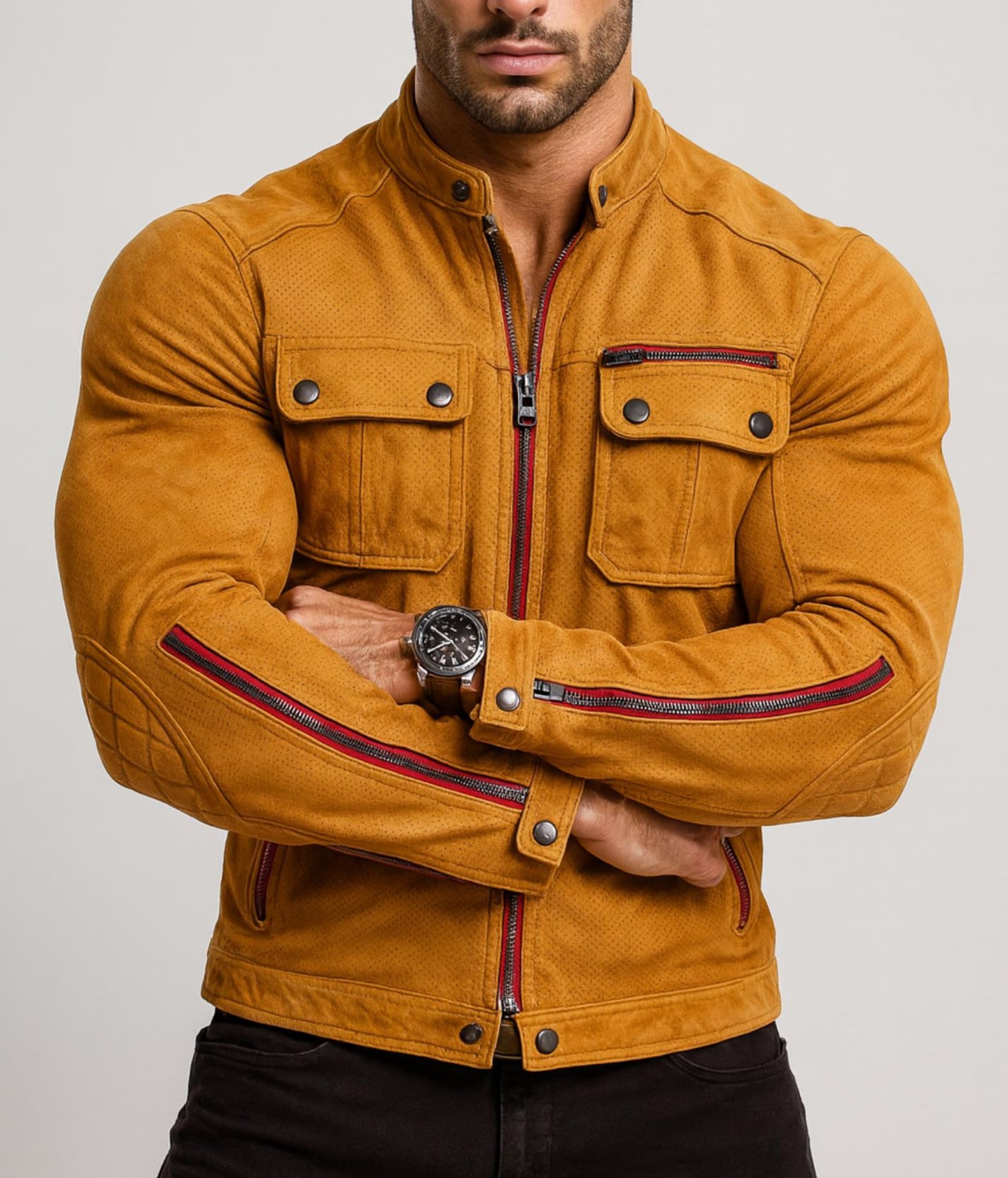 Mustard Suede Vintage Biker Jacket with Red Zippers | Daaran – back view