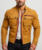 Mustard Suede Vintage Biker Jacket with Red Zippers | Daaran – front view
