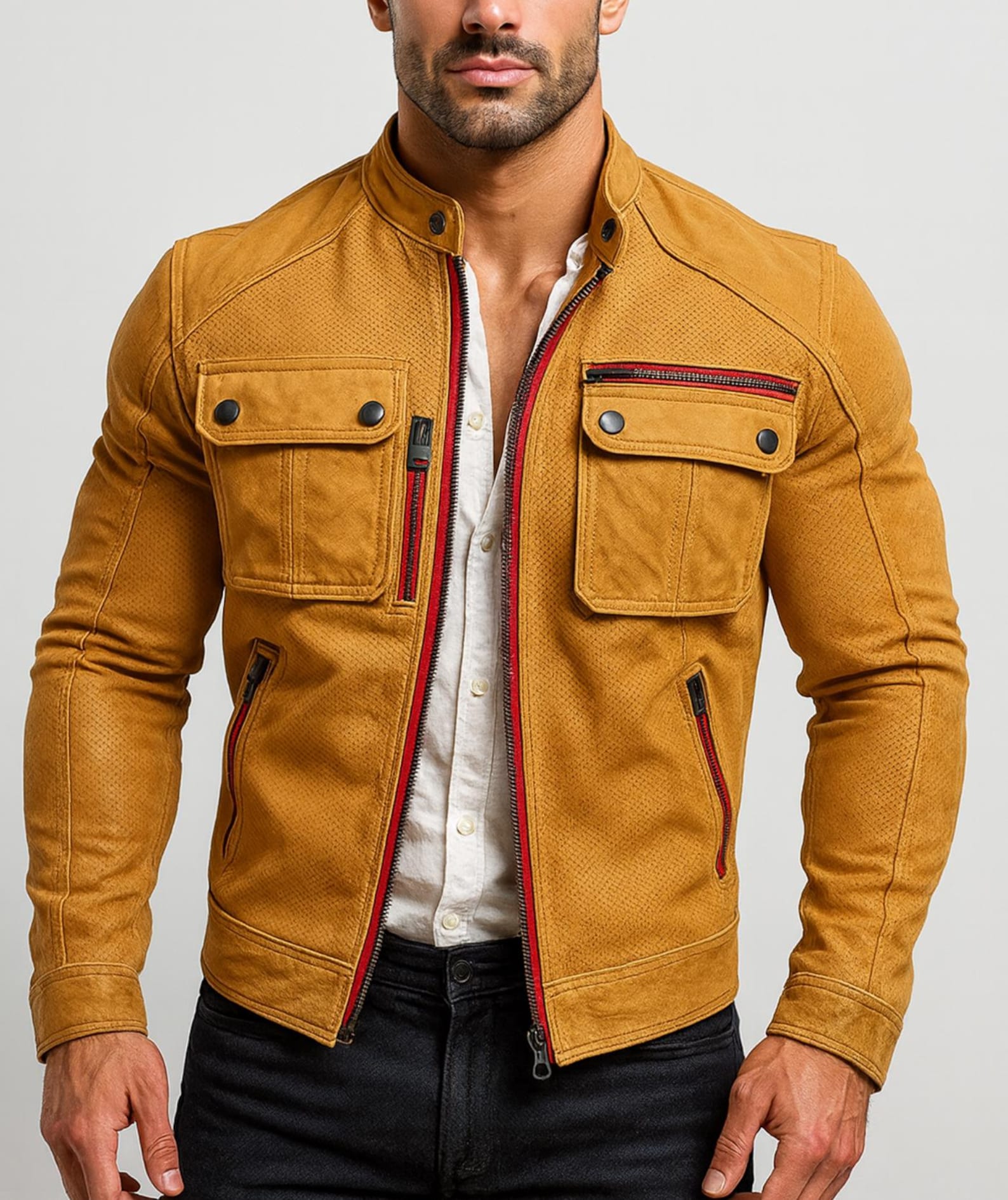Mustard Suede Vintage Biker Jacket with Red Zippers | Daaran – front view