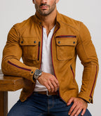 Mustard Suede Vintage Biker Jacket with Red Zippers | Daaran – close-up of leather texture and stitching