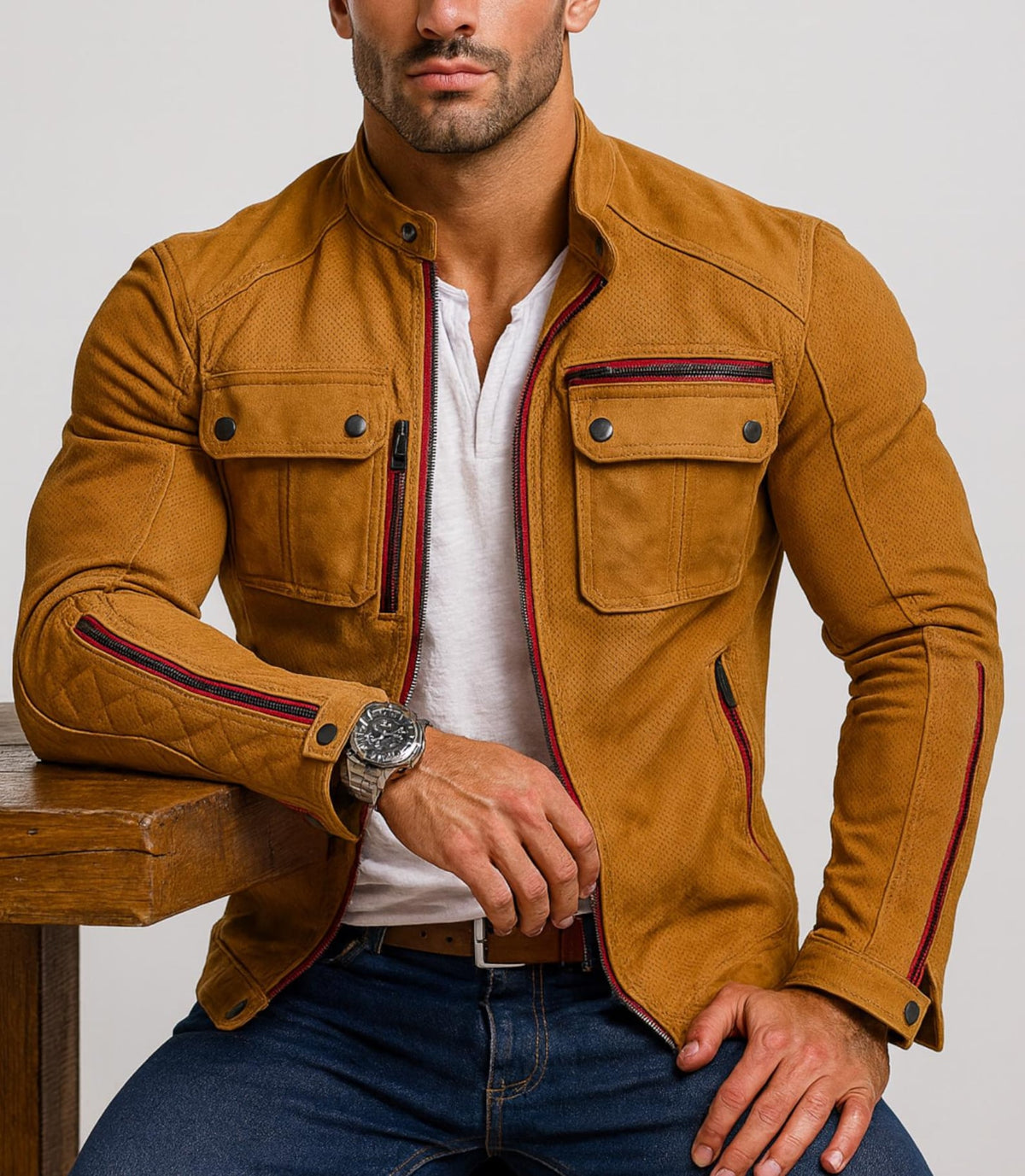 Mustard Suede Vintage Biker Jacket with Red Zippers | Daaran – close-up of leather texture and stitching