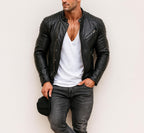 Daaran Obsidian Black Sheep Leather Moto Biker Jacket – collar and zipper detail