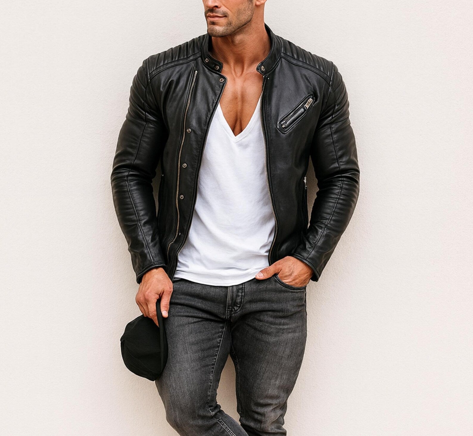 Daaran Obsidian Black Sheep Leather Moto Biker Jacket – collar and zipper detail