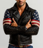 Men's Black Sheep Leather Biker Jacket: USA Flag Sleeves, Quilted Detail