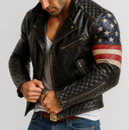 Men's Black Sheep Leather Biker Jacket: USA Flag Sleeves, Quilted Detail