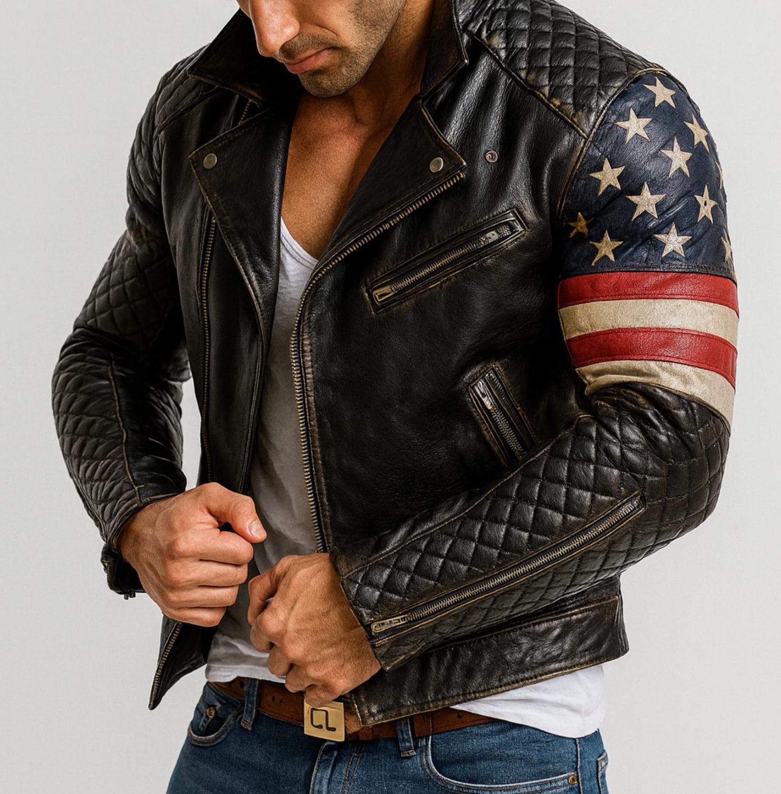 Men's Black Sheep Leather Biker Jacket: USA Flag Sleeves, Quilted Detail