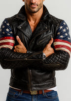 Men's Black Sheep Leather Biker Jacket: USA Flag Sleeves, Quilted Detail